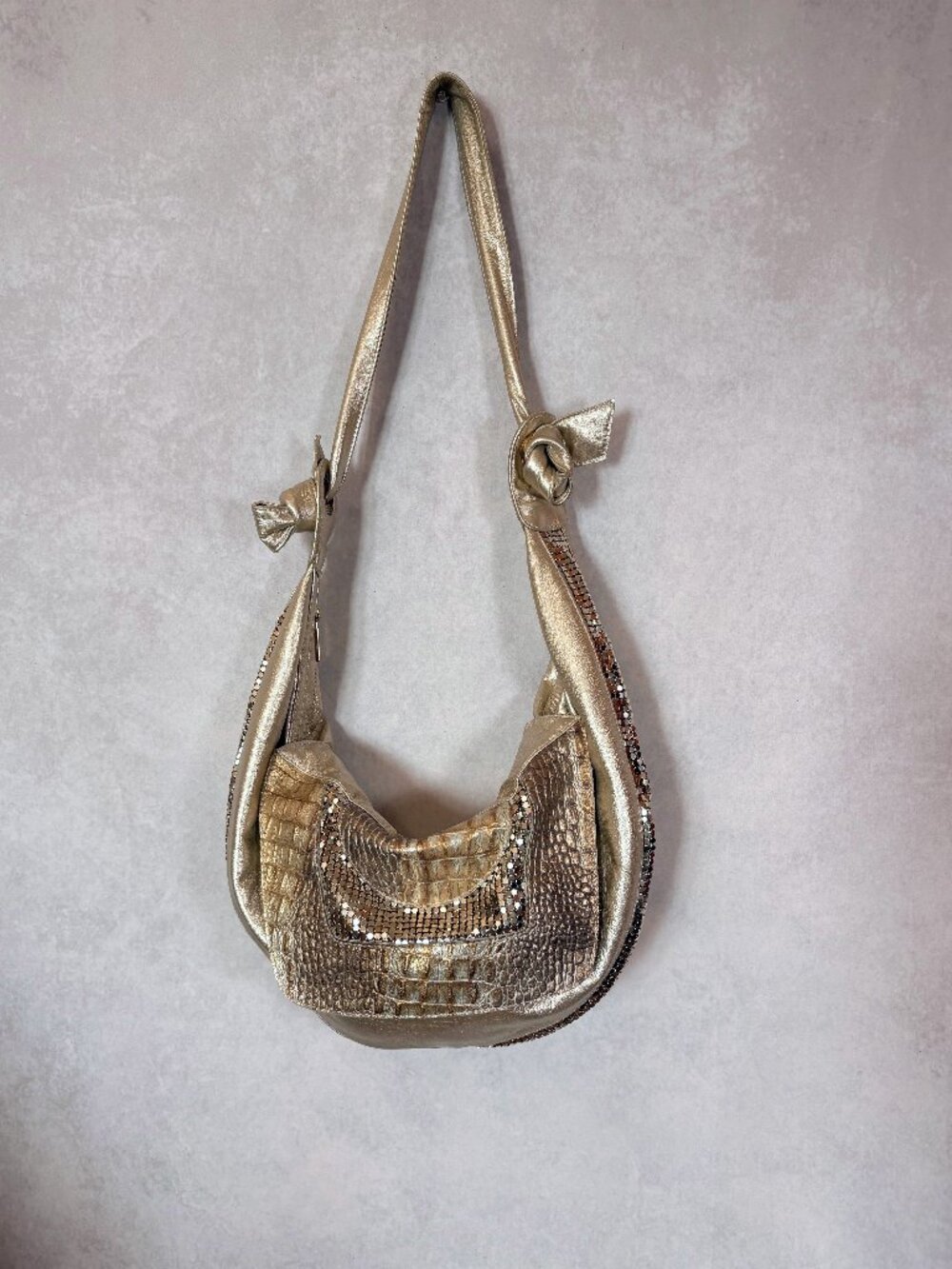 Treesje Hobo Leather Handbag Croc Snake Patch Shoulder Bag Metallic Gold